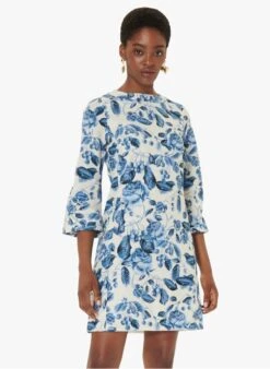 Tara Jarmon RIVANNA - Robe Courte Col Bateau Imprimée Fleuri En Coton | Bleu