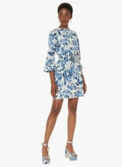 Tara Jarmon RIVANNA - Robe Courte Col Bateau Imprimée Fleuri En Coton | Bleu -Place 4030857