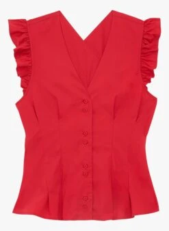Tara Jarmon TAIO - Top Col V à Volants En Coton Mélangé | Rouge